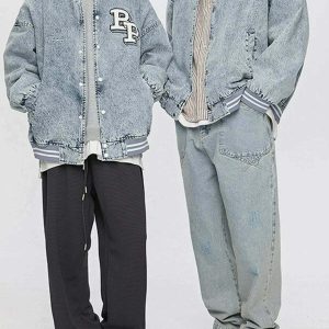 iconic letter spliced denim jacket youthful urban style 7040