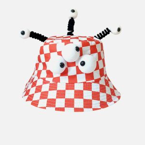 iconic plaid cartoon hat three eyes design youthful appeal 3964