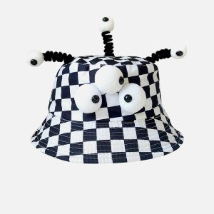 iconic plaid cartoon hat three eyes design youthful appeal 5385