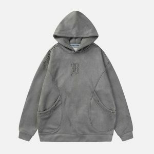 irregular pocket suede hoodie edgy & retro streetwear 8929