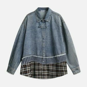 plaid denim shirt retro streetwear essential 7813