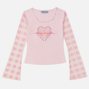 plaid heart print long sleeve retro chic 1049