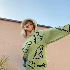 quirky dinosaur cartoon sweater   youthful knit charm 7431