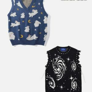 quirky moon rabbit sweater vest   y2k fashion revival 4862