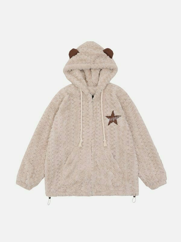 retro bear ear zip up hoodie urban streetwear 7713