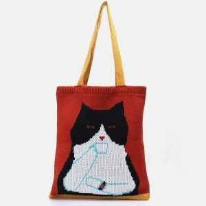 retro cat graphic knit bag urban fashion accessory 2551