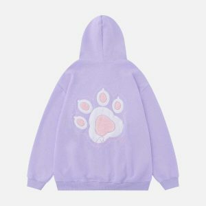 retro cat paw embroidery hoodie urban chic 3681