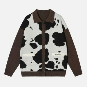 retro cow print cardigan edgy & chic streetwear 7323