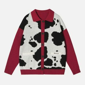 retro cow print cardigan edgy & chic streetwear 8718