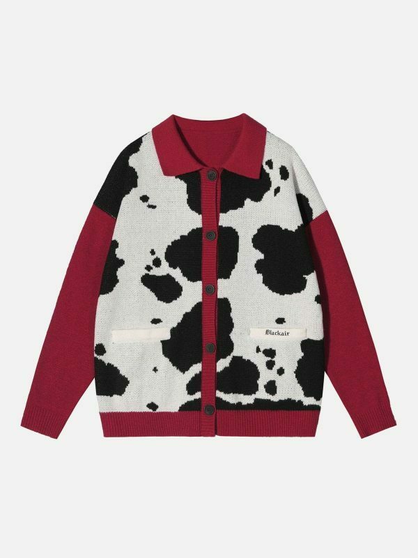 retro cow print cardigan edgy & chic streetwear 8718