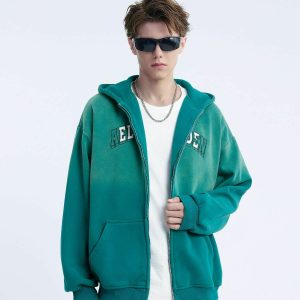 retro gradient embroidered hoodie   zip up urban chic 2320