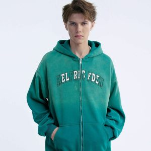 retro gradient embroidered hoodie   zip up urban chic 6562