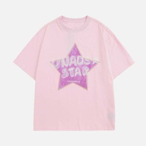 retro star embroidered tee dynamic & youthful design 7686