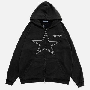 retro star washed hoodie   chic zip up urban appeal 1143