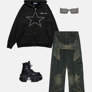 retro star washed hoodie   chic zip up urban appeal 8361