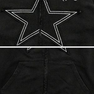 retro star washed hoodie   chic zip up urban appeal 8657