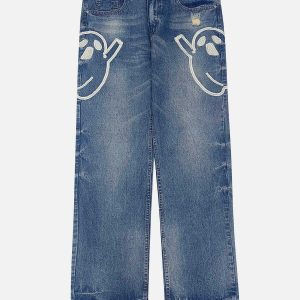 retro washed jeans with cartoon embroidery youthful appeal 2435