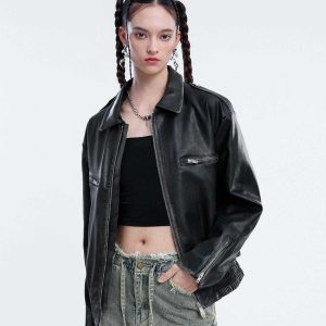 retro zip up faux leather jacket chic urban appeal 1770