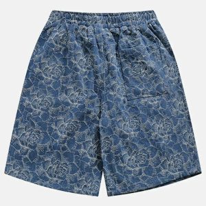 rose print denim shorts chic drawstring design 5683