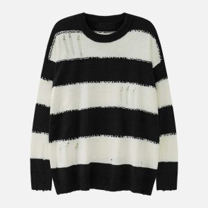 striped jacquard sweater with ripped detail   urban chic 8138