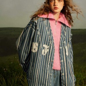 striped patchwork denim jacket baseball inspired urban look 1687