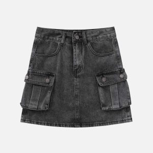 trendy multi pocket denim skirt y2k streetwear chic 3352