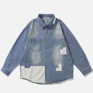 trendy patchwork denim shirt youthful long sleeve design 1612