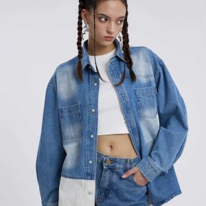 trendy patchwork denim shirt youthful long sleeve design 2787