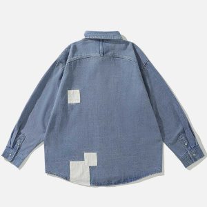 trendy patchwork denim shirt youthful long sleeve design 8213