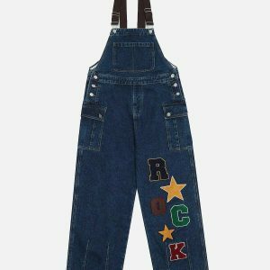 vibrant applique denim overalls retro streetwear chic 7828