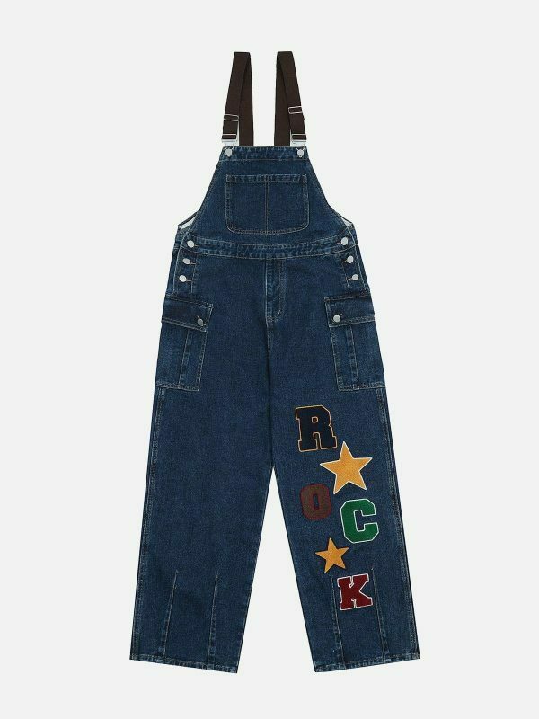 vibrant applique denim overalls retro streetwear chic 7828