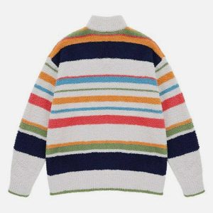 vibrant rainbow stripe sweater   chic half zip design 6300