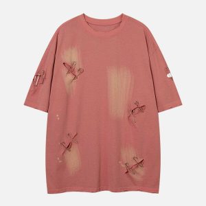 washed tee with edgy broken holes youthful urban style 5576