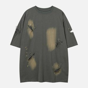 washed tee with edgy broken holes youthful urban style 6983