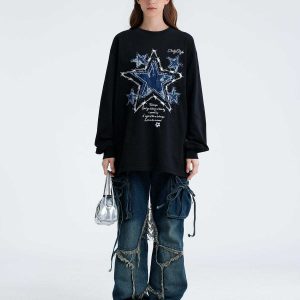 youthful applique star denim sweatshirt   urban chic 2886