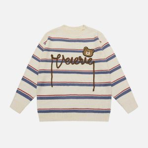 youthful bear letter stripe sweater embroidered design 3507