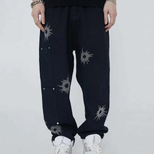 youthful black hole pattern jeans with hot drill detail 1038