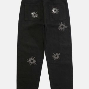 youthful black hole pattern jeans with hot drill detail 3369