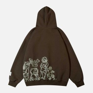 youthful cartoon character hoodie dynamic line print 2383