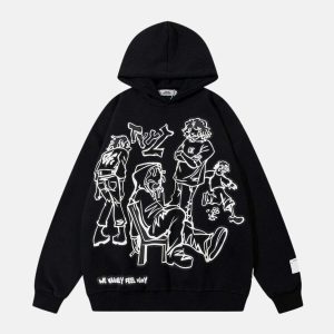 youthful cartoon character hoodie dynamic line print 3479