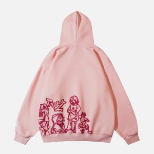 youthful cartoon character hoodie dynamic line print 4605