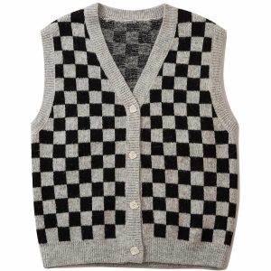 youthful checkerboard knit vest urban & trendy style 2548