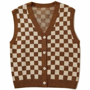 youthful checkerboard knit vest urban & trendy style 2606