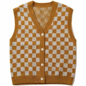 youthful checkerboard knit vest urban & trendy style 4840