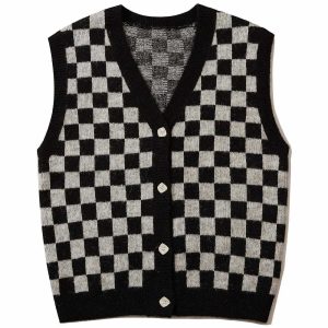 youthful checkerboard knit vest urban & trendy style 6553