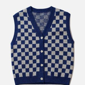 youthful checkerboard knit vest urban & trendy style 7415