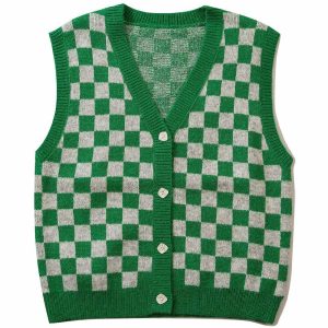 youthful checkerboard knit vest urban & trendy style 8944