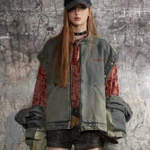 youthful detachable sleeves jacket   patchwork denim style 7064