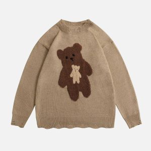 youthful flocked bear sweater with raw edge detail 5777