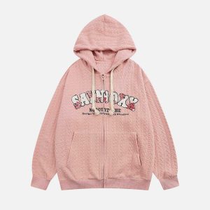 youthful flocked letter hoodie zip detail urban appeal 4368